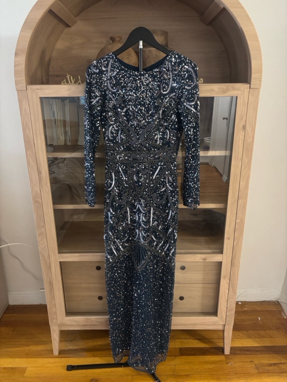 Sequin Embellished Navy Long Sleeve Evening Dress
